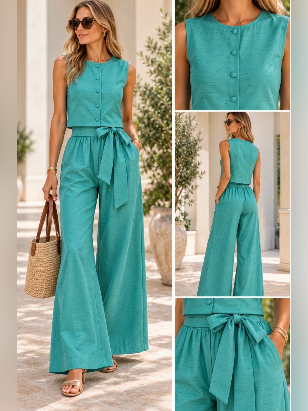 Julia Amory Blair Top (Sz S) + Obi Pants (Sz XS) Set Ocean Blue Silk Belted
